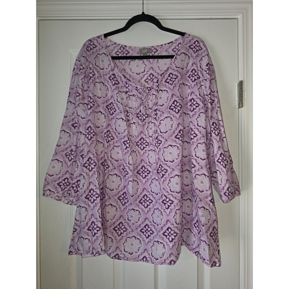 J Jill Women Peasant Pintuck Tie Blouse Top  Purple Print 3/4 Sleeve Size 3X